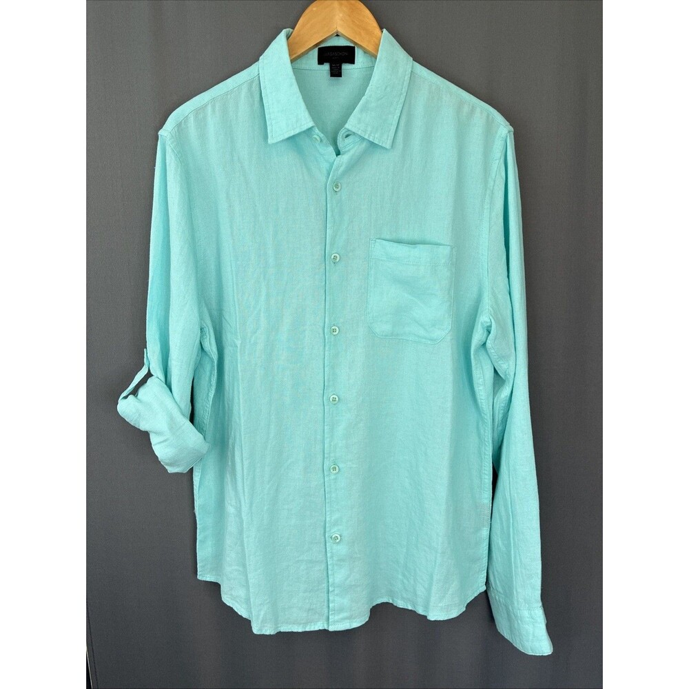 Magaschoni Man Linen Blend Button Up Shirt Sz M Aqua Blue Roll Tab Resort Cruise